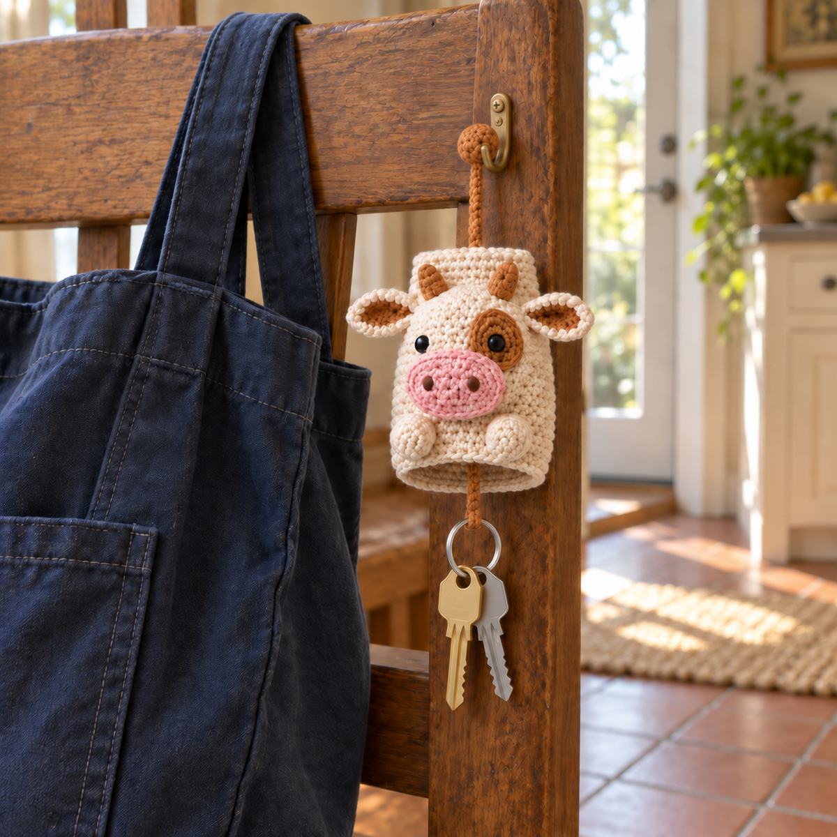 Cream cow crochet key pouch with a pink muzzle and caramel details hanging beside a navy tote, with two house keys extended below.