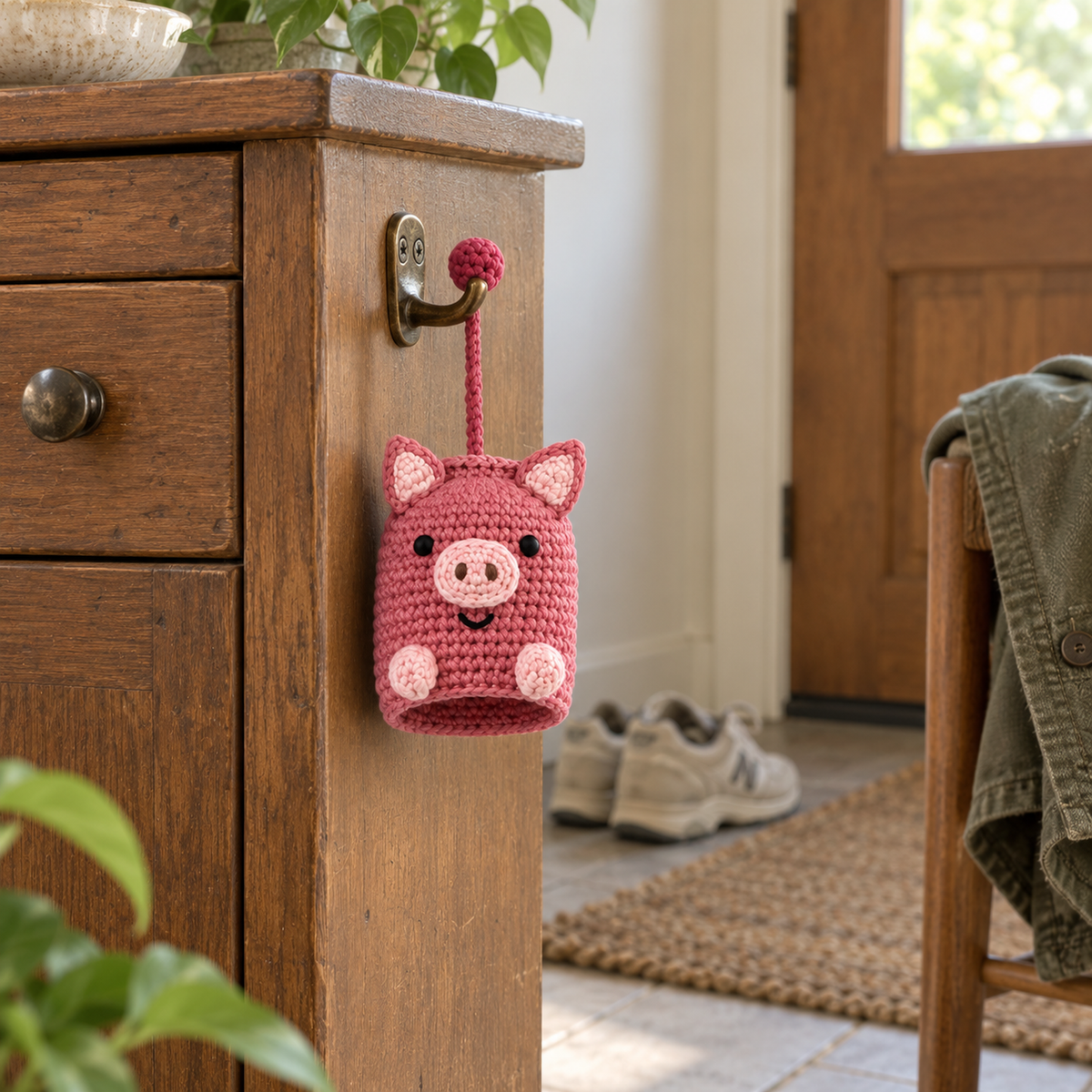 Dusty rose pig crochet key pouch with pale pink ears, snout and paws hanging beside a wooden entry cabinet.