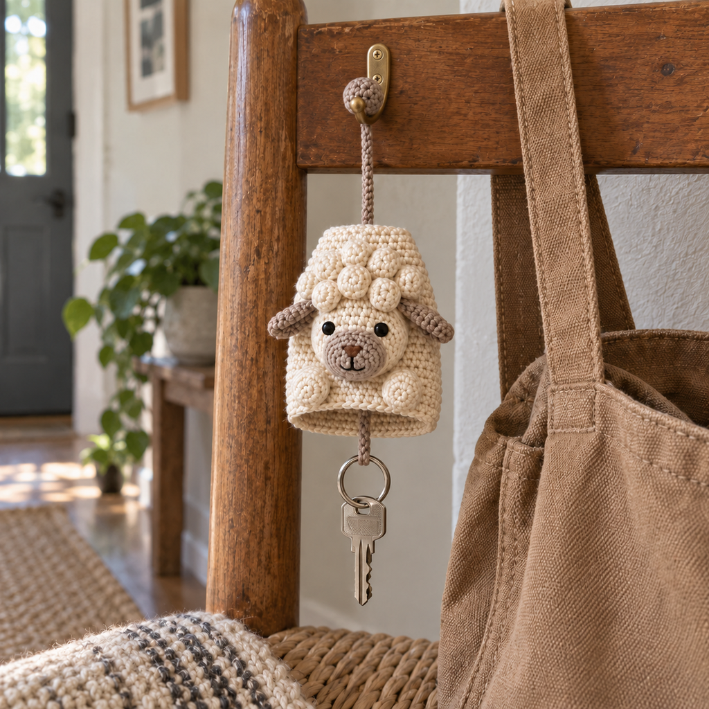 Ivory lamb crochet key pouch with taupe ears and a puffed fleece cap hanging beside a tan shoulder bag, with a house key extended below.