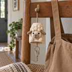 Ivory lamb crochet key pouch with taupe ears and a puffed fleece cap hanging beside a tan shoulder bag, with a house key extended below.
