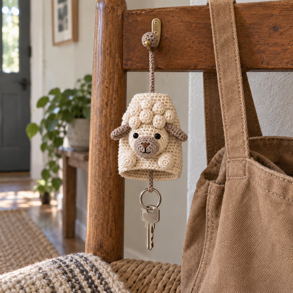 Ivory lamb crochet key pouch with taupe ears and a puffed fleece cap hanging beside a tan shoulder bag, with a house key extended below.