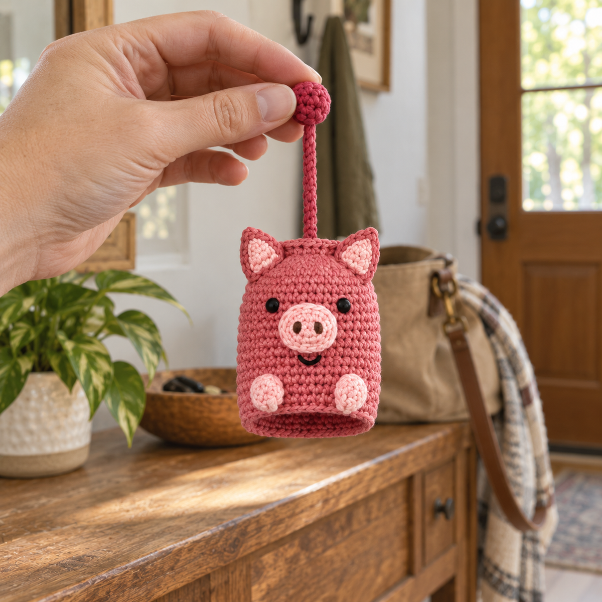 An adult hand holding the berry stopper ball of a rosy pig crochet key pouch above a wooden entry console.