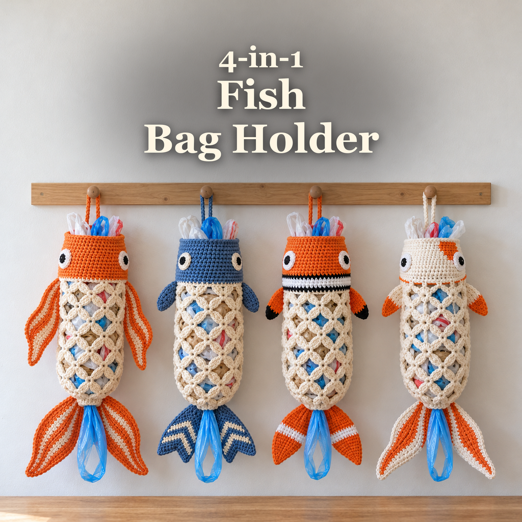 Orange goldfish, denim-blue fish, striped clownfish and white-and-orange koi crochet bag holders hang side by side from a wooden kitchen peg rail, with cream openwork bodies, forked tails and light-blue plastic shopping-bag handles at their bottom outlets. The title above reads 4-in-1 Fish Bag Holder.
