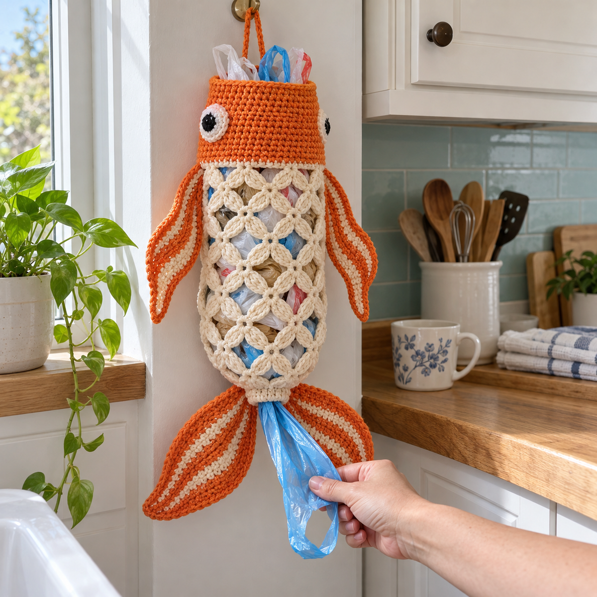 An adult hand pulls a light-blue plastic grocery bag through the bottom outlet between the goldfish holder's orange and cream tail lobes.