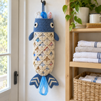 A denim-blue fish bag holder hangs beside folded towels, with shopping bags visible through its cream mesh and a blue handle below its chevron-striped tail.