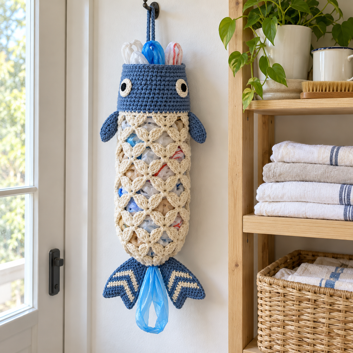 A denim-blue fish bag holder hangs beside folded towels, with shopping bags visible through its cream mesh and a blue handle below its chevron-striped tail.