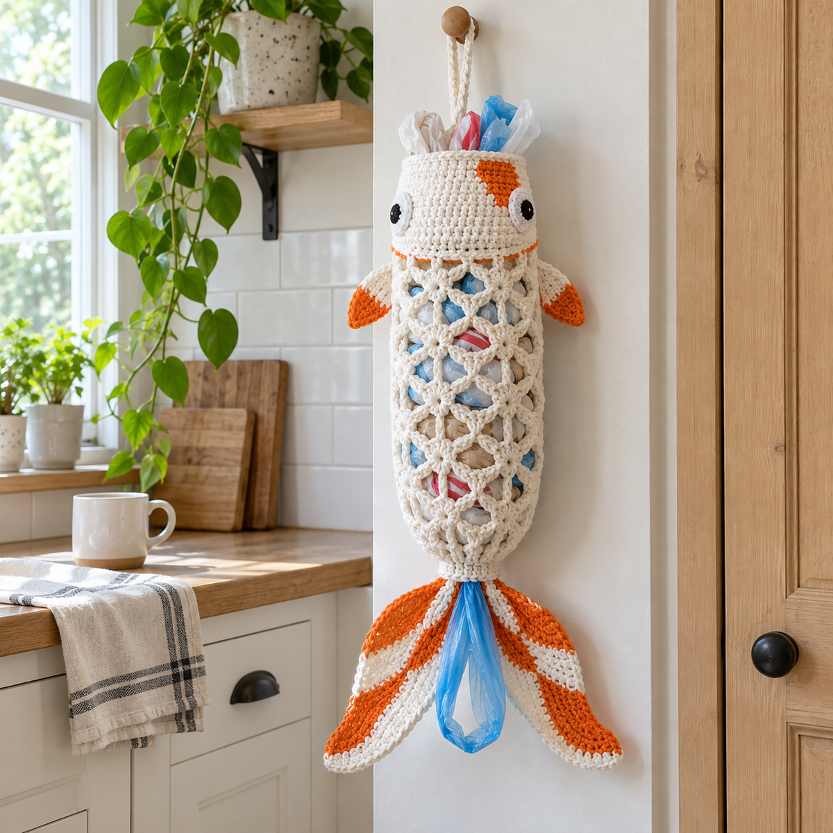 A white and orange koi bag holder hangs from a wooden kitchen peg near a plant, with a blue plastic handle between its long striped tail lobes.