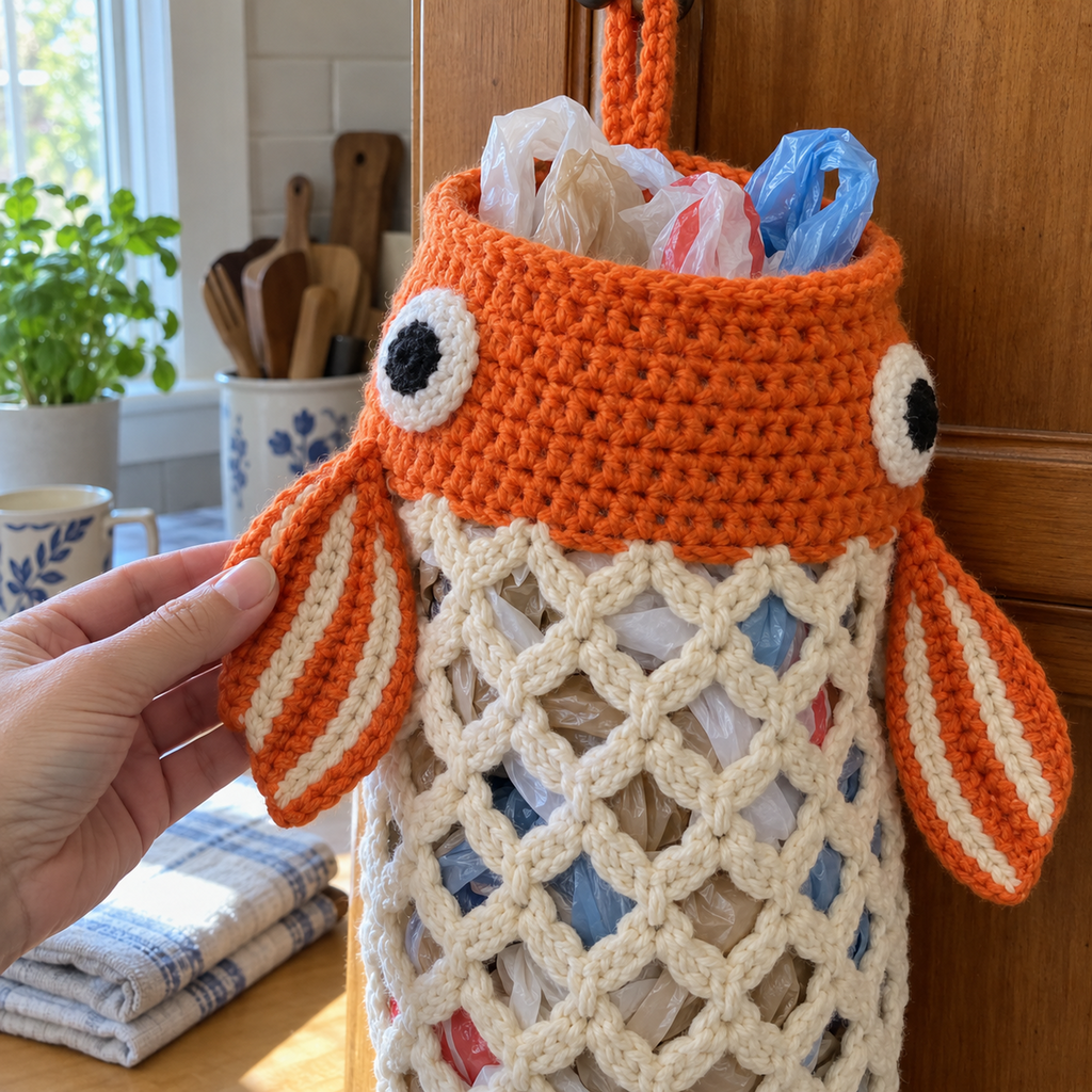 An adult hand touches the goldfish holder's striped fin beside its orange head, flat crochet eyes and cream openwork mesh containing plastic bags.