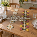 Daisy Meadow and Tulip Garden crochet table runners side by side on a wooden table set with plates and water glasses, with the product title across the centre.