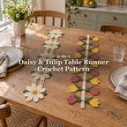 Daisy Meadow and Tulip Garden crochet table runners side by side on a wooden table set with plates and water glasses, with the product title across the centre.