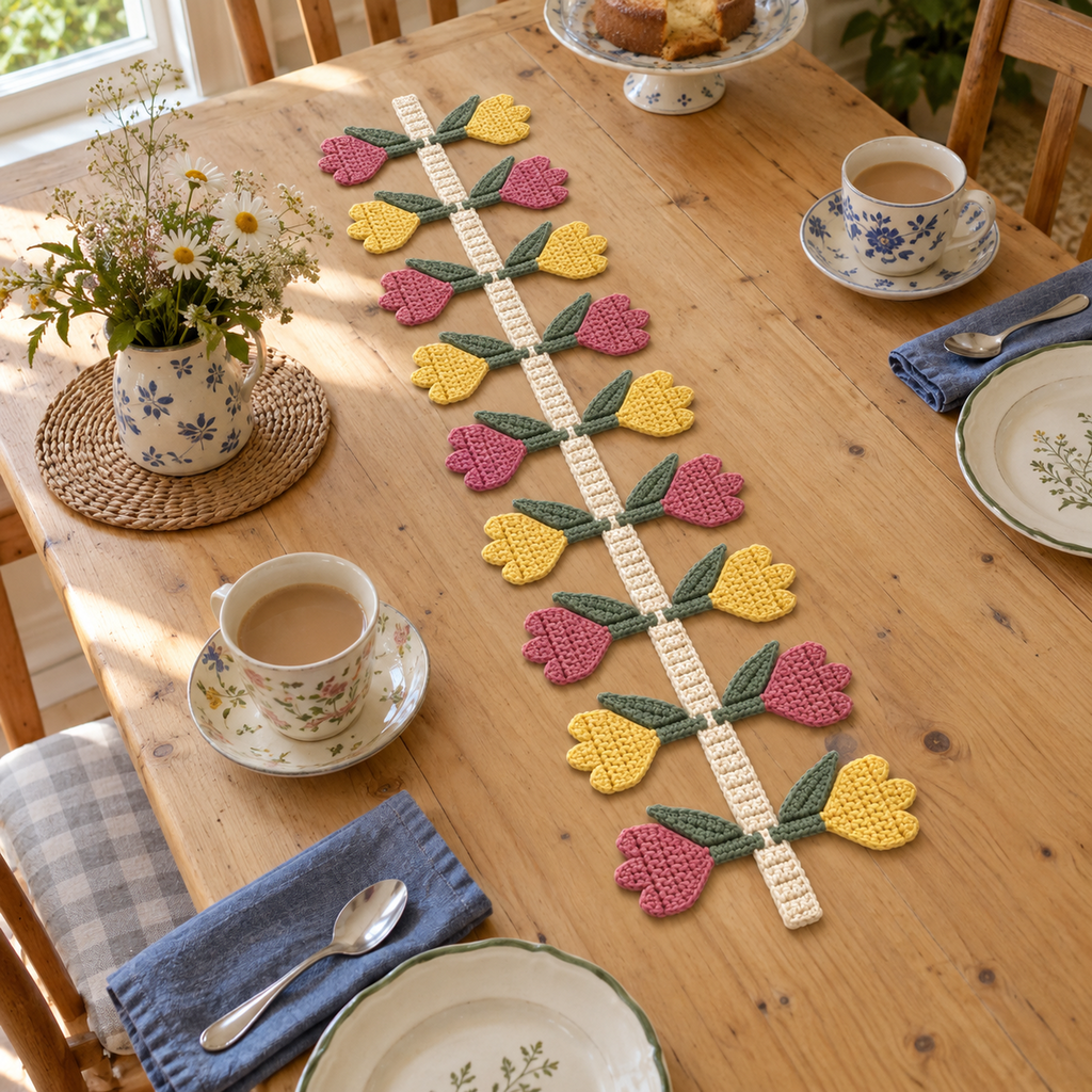 The pink and yellow Tulip Garden runner with green stems and leaves lies along a wooden tea table beside patterned cups and blue linen napkins.