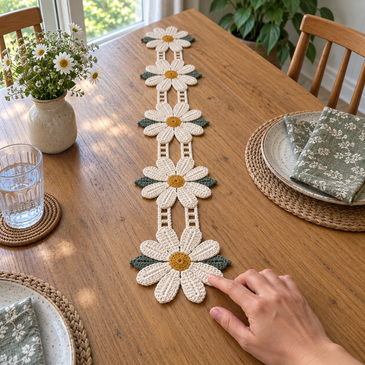 An adult hand gently touches an ivory petal on the finished Daisy Meadow runner on a wooden table beside plates and a water glass.