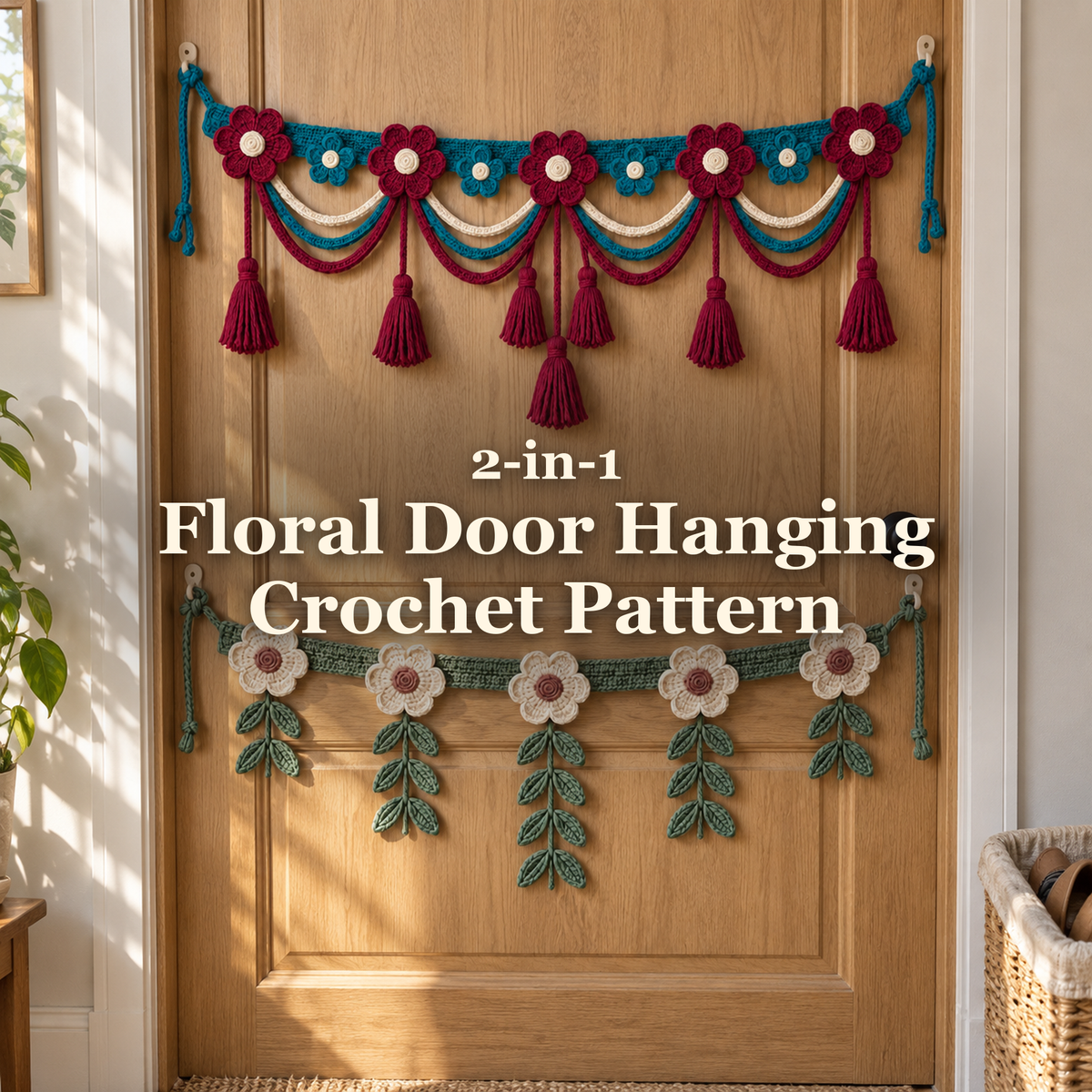 Classic Floral Swag with burgundy flowers, teal and cream ribbons and burgundy tassels hangs above sage-and-cream Botanical Bloom on a wooden hallway door, with the title 2-in-1 Floral Door Hanging Crochet Pattern.