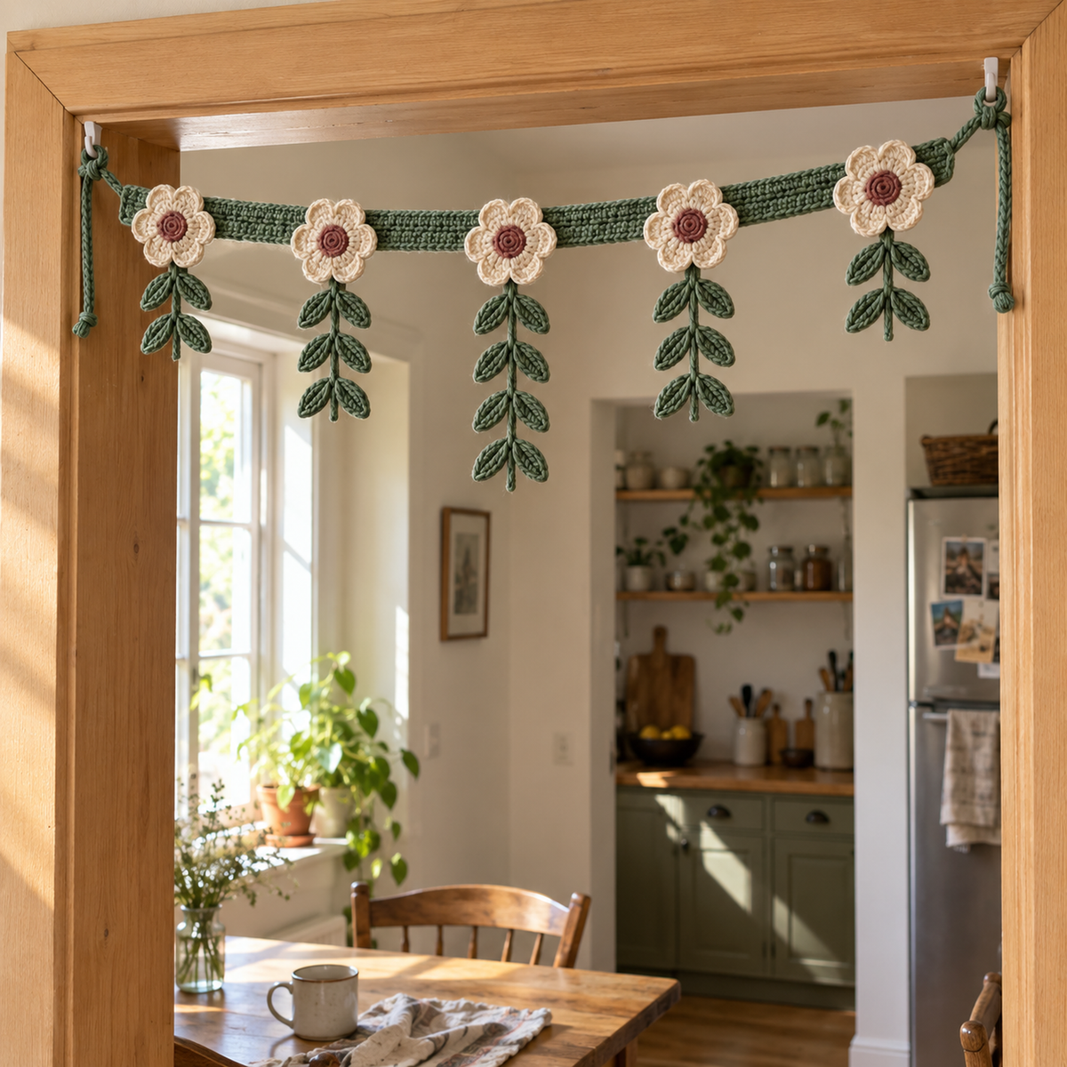 Botanical Bloom with five cream flowers, dusty rose centres and cascading sage leaf branches hangs across a wooden doorway into a sunlit kitchen and dining nook.