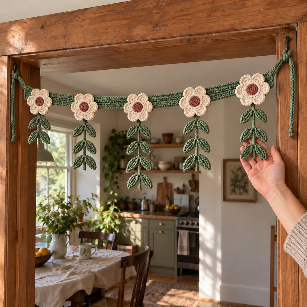 An adult hand gently supports a sage leaf branch of Botanical Bloom while the finished cream-and-sage flower hanging remains tied across a wooden kitchen doorway.