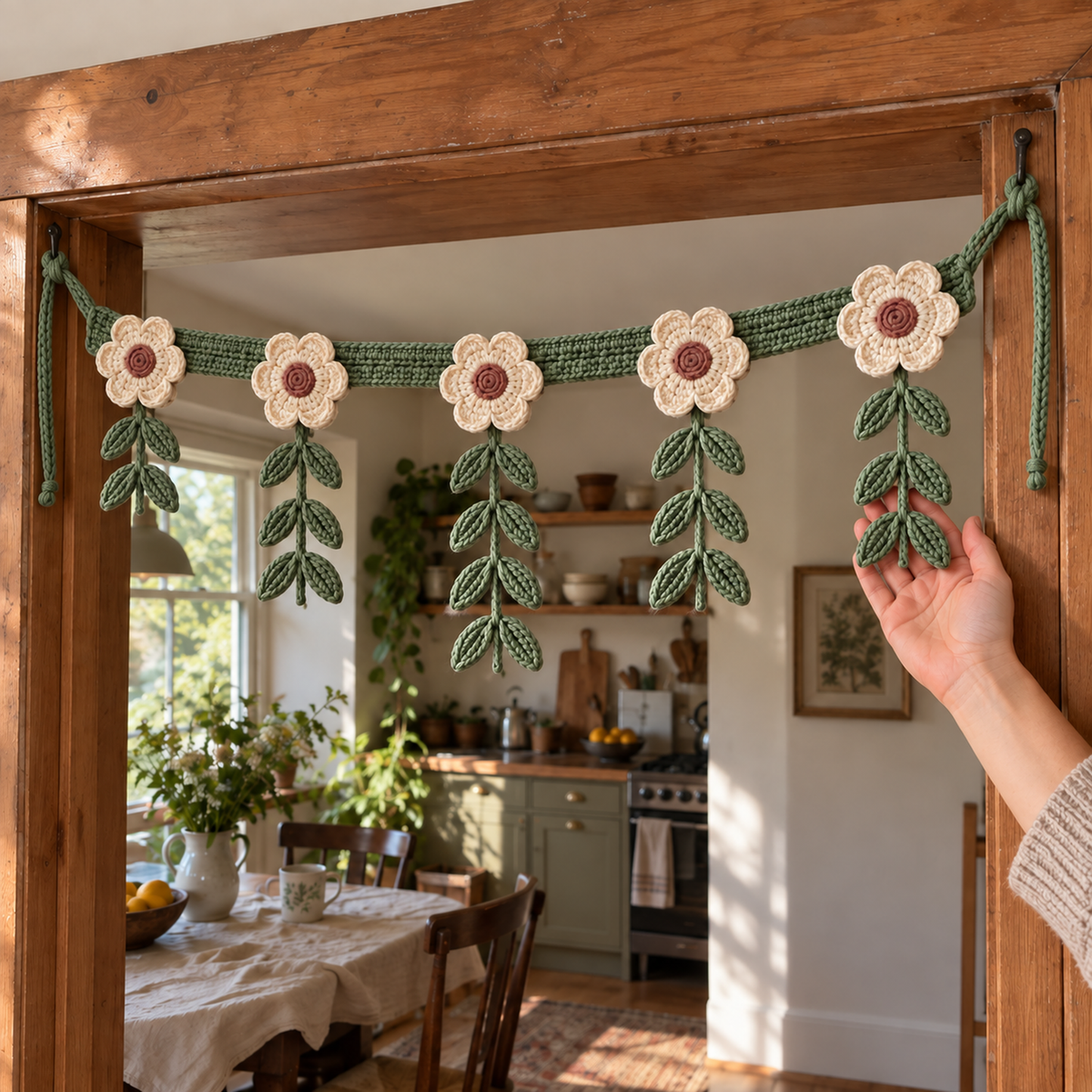 An adult hand gently supports a sage leaf branch of Botanical Bloom while the finished cream-and-sage flower hanging remains tied across a wooden kitchen doorway.