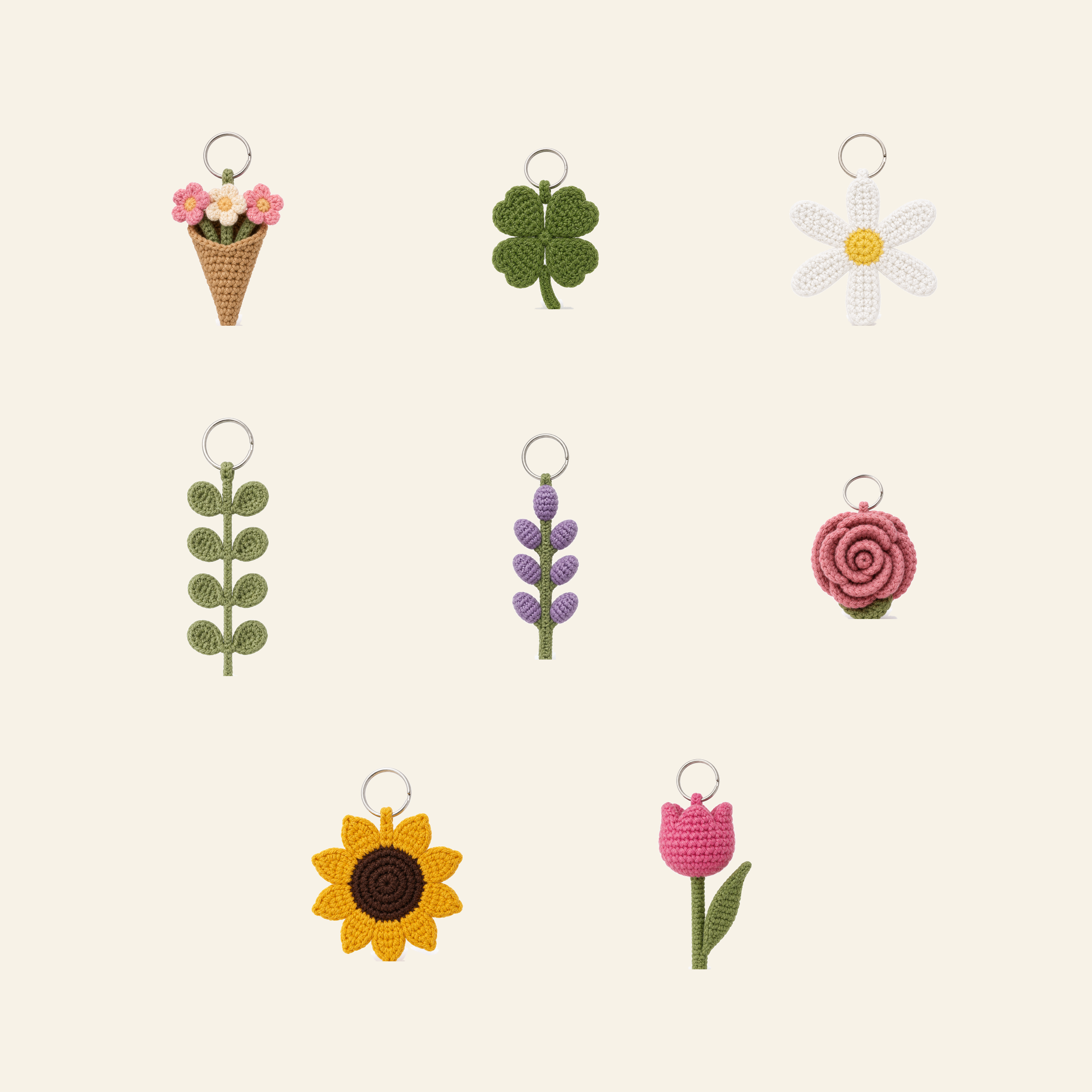 All 8 flower and leaf crochet bag charms in the set, shown together