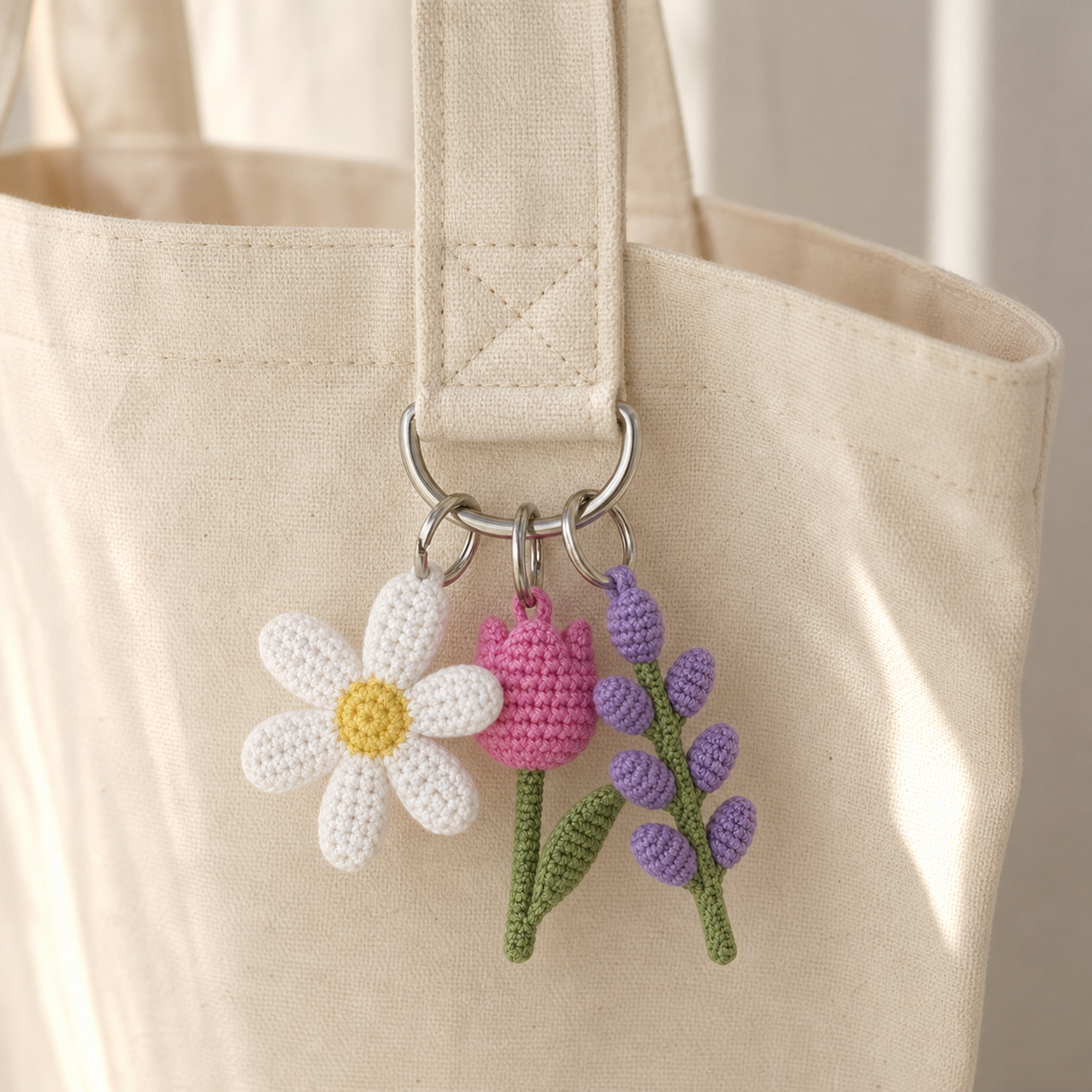 Three flower and leaf crochet charms clipped to a canvas tote bag strap