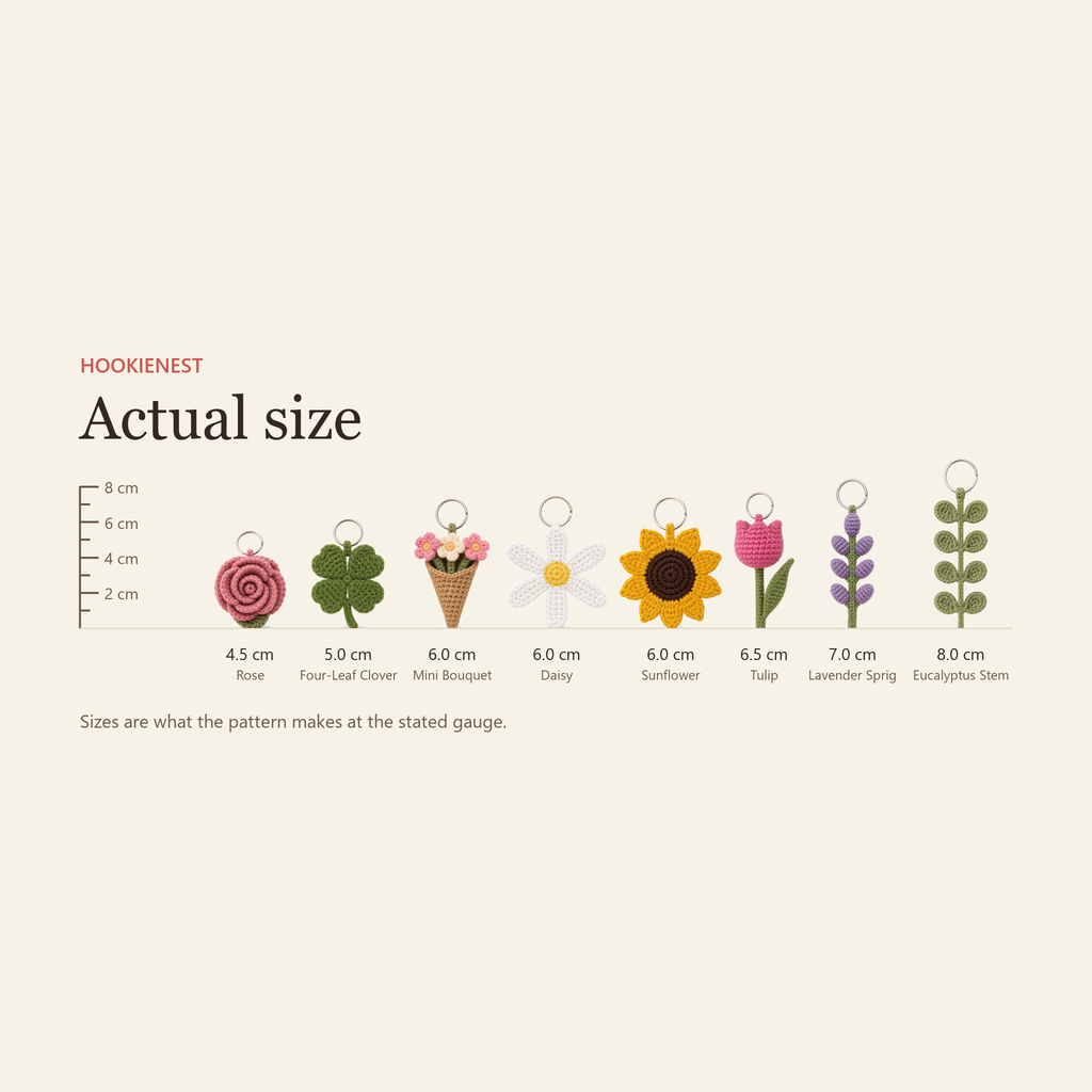 Every flower and leaf charm beside a centimetre ruler at its finished size