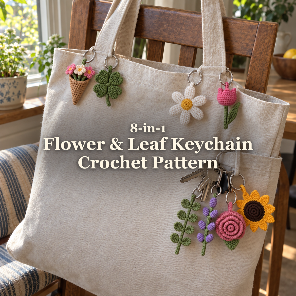 Eight crochet flower and leaf keychains on a canvas tote and a bunch of keys: 8-in-1 Flower & Leaf Keychain Crochet Pattern