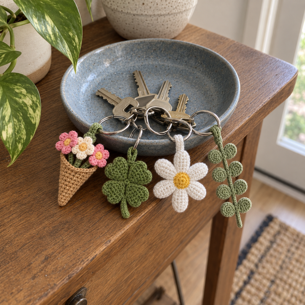 Bouquet, clover, daisy and eucalyptus crochet keychains on keys in a ceramic dish by the front door.