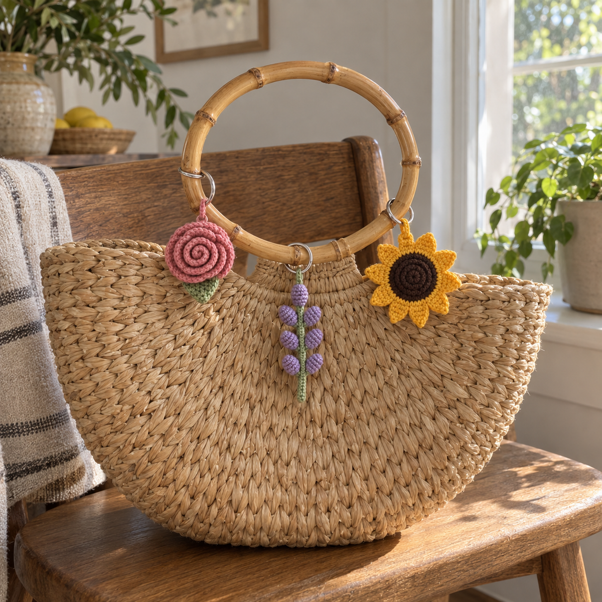 Rose, lavender and sunflower crochet keychains on the bamboo handle of a straw bag.