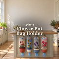 Four crochet flower-pot plastic bag holders with tulips, sunflowers, lavender and roses hang from cabinet knobs just below a kitchen island worktop, with blue plastic shopping-bag handles at the elastic bottoms and the title 4-in-1 Flower Pot Bag Holder.