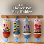 Tulip, sunflower, lavender and rose crochet flower-pot bag holders hang side by side from a wooden kitchen peg board on a light wall above a counter, with contrasting bobble rims, brown soil lines and blue plastic shopping-bag handles at the bottom outlets, with the title 4-in-1 Flower Pot Bag Holder.