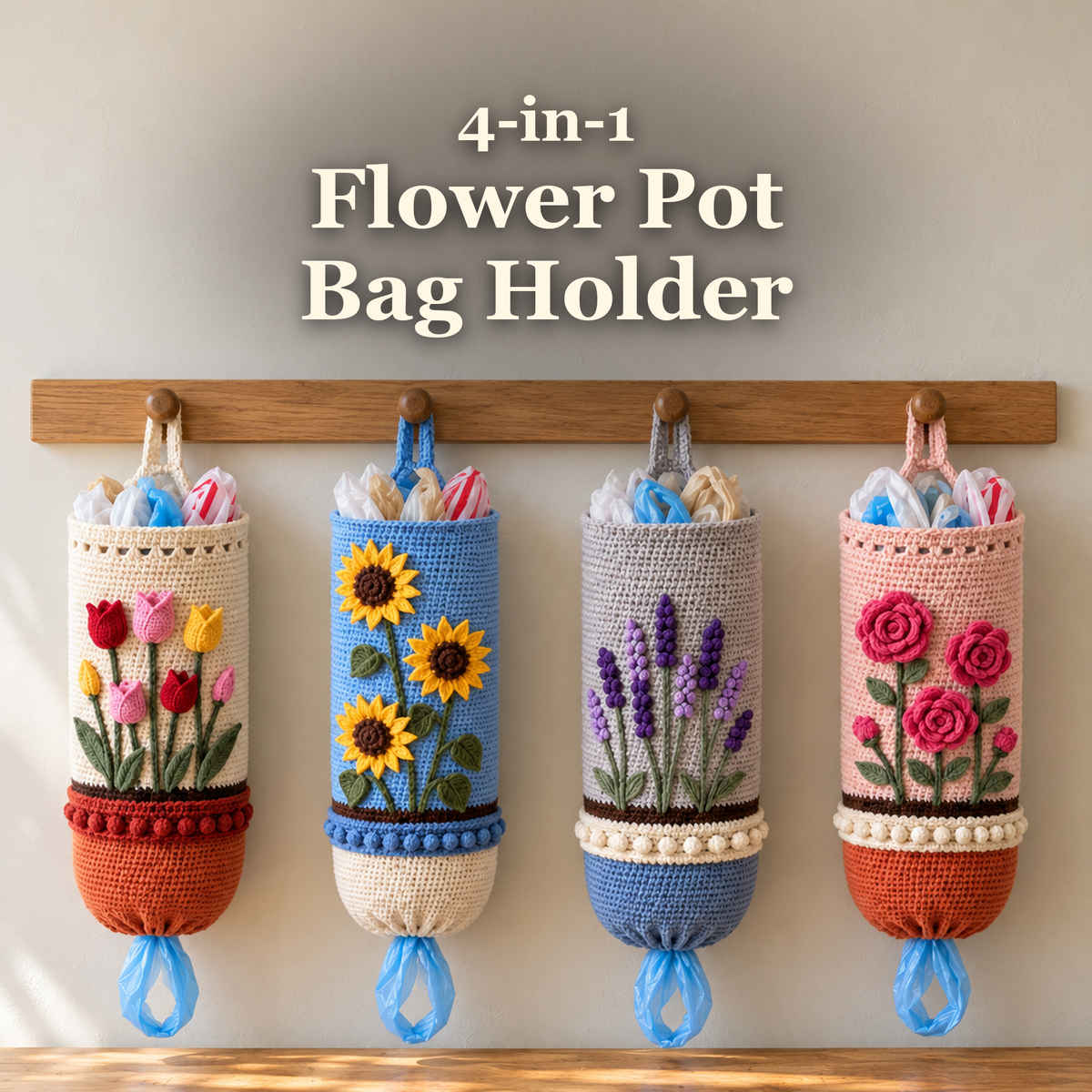Tulip, sunflower, lavender and rose crochet flower-pot bag holders hang side by side from a wooden kitchen peg board on a light wall above a counter, with contrasting bobble rims, brown soil lines and blue plastic shopping-bag handles at the bottom outlets, with the title 4-in-1 Flower Pot Bag Holder.