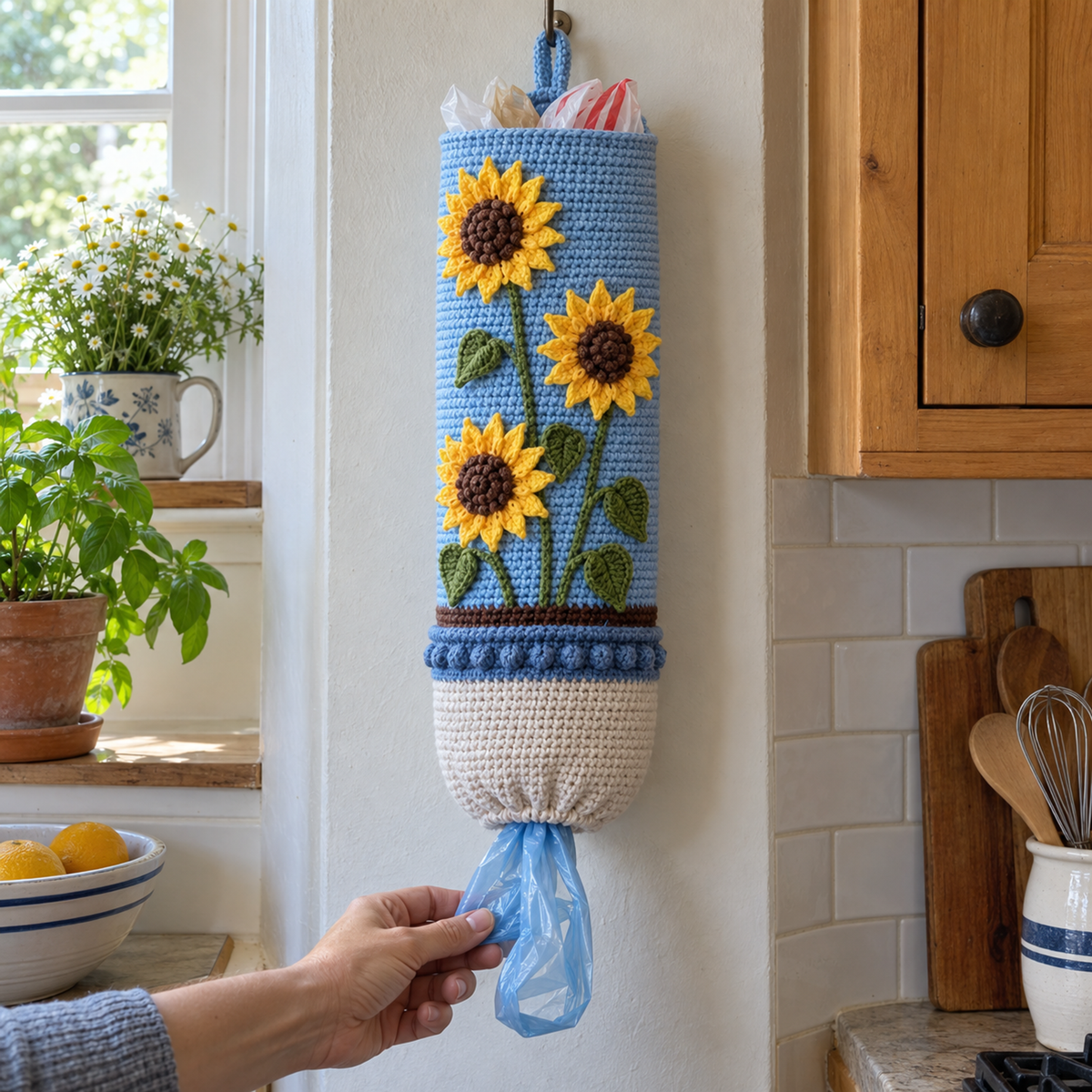 An adult hand pulls a light-blue plastic shopping-bag handle through the bottom of a sky-blue holder decorated with three sunflowers, a denim-blue pot rim and a whitewashed pot.