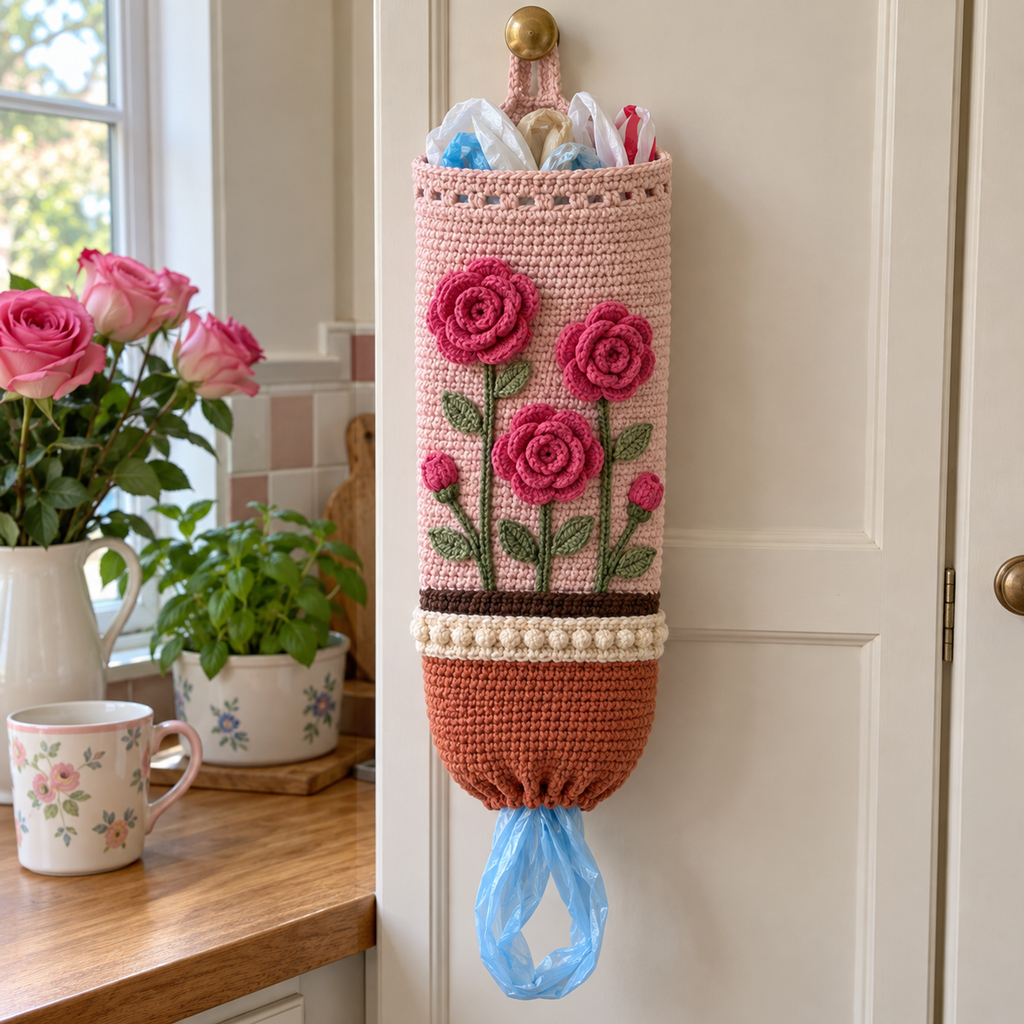 A blush crochet holder with three deep-pink rolled roses, two buds and paired green leaves hangs from a cabinet knob above its cream rim and terracotta pot.