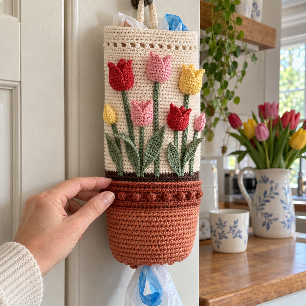 An adult hand touches the raised deep-rust pot rim of a cream tulip holder, showing cotton stitches, the brown soil line, flat sage stems and upright tulip cups.