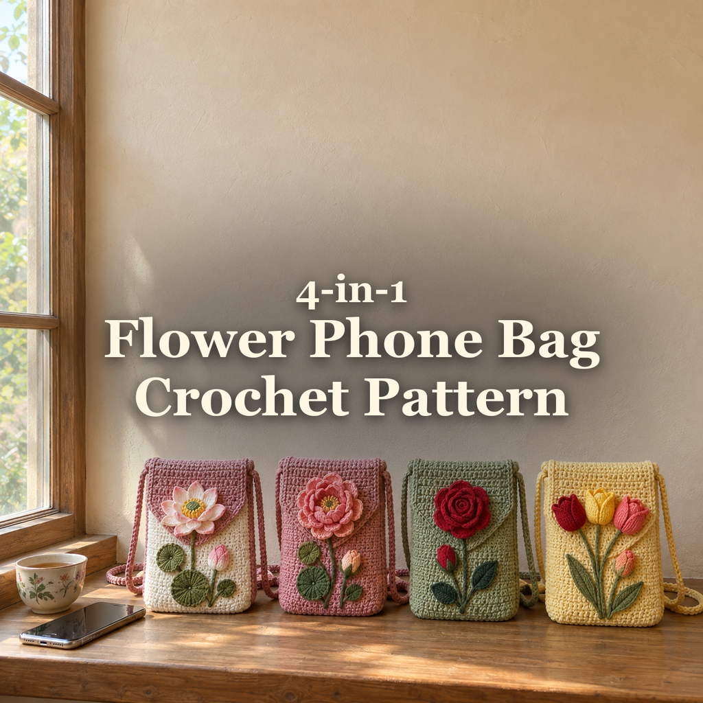Four small Lotus, Peony, Rose and Tulip crochet phone pouches stand on a wooden windowsill beside a phone and tea cup.