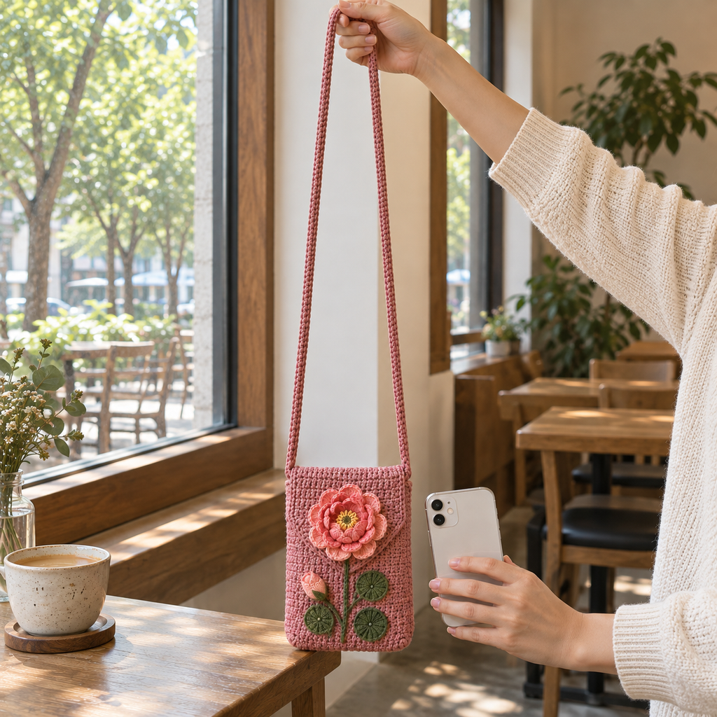 A dusty-rose Peony crochet phone pouch hangs from its long crochet strap held in one hand, with a phone in the other hand by a cafe window.