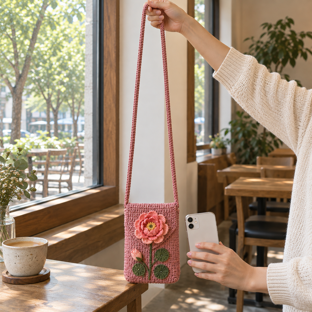 A dusty-rose Peony crochet phone pouch hangs from its long crochet strap held in one hand, with a phone in the other hand by a cafe window.