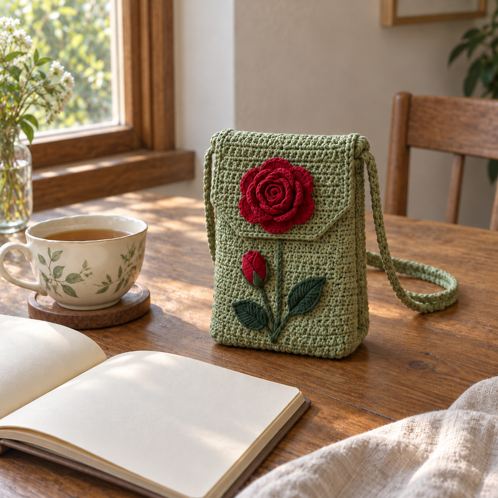 A sage-green crochet phone pouch with a deep-red rose stands beside a tea cup and an open book on a wooden table.
