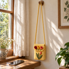 A butter-yellow crochet phone pouch hangs from a wooden peg beside a sunny window, with three open red, yellow and coral tulips on its flap and a coral bud and narrow green leaves below.