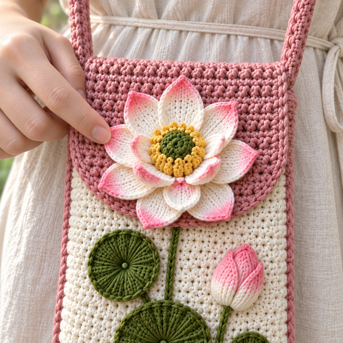 A fingertip touches a pink-tipped white lotus flower on a dusty-pink crochet flap above a cream pouch front.