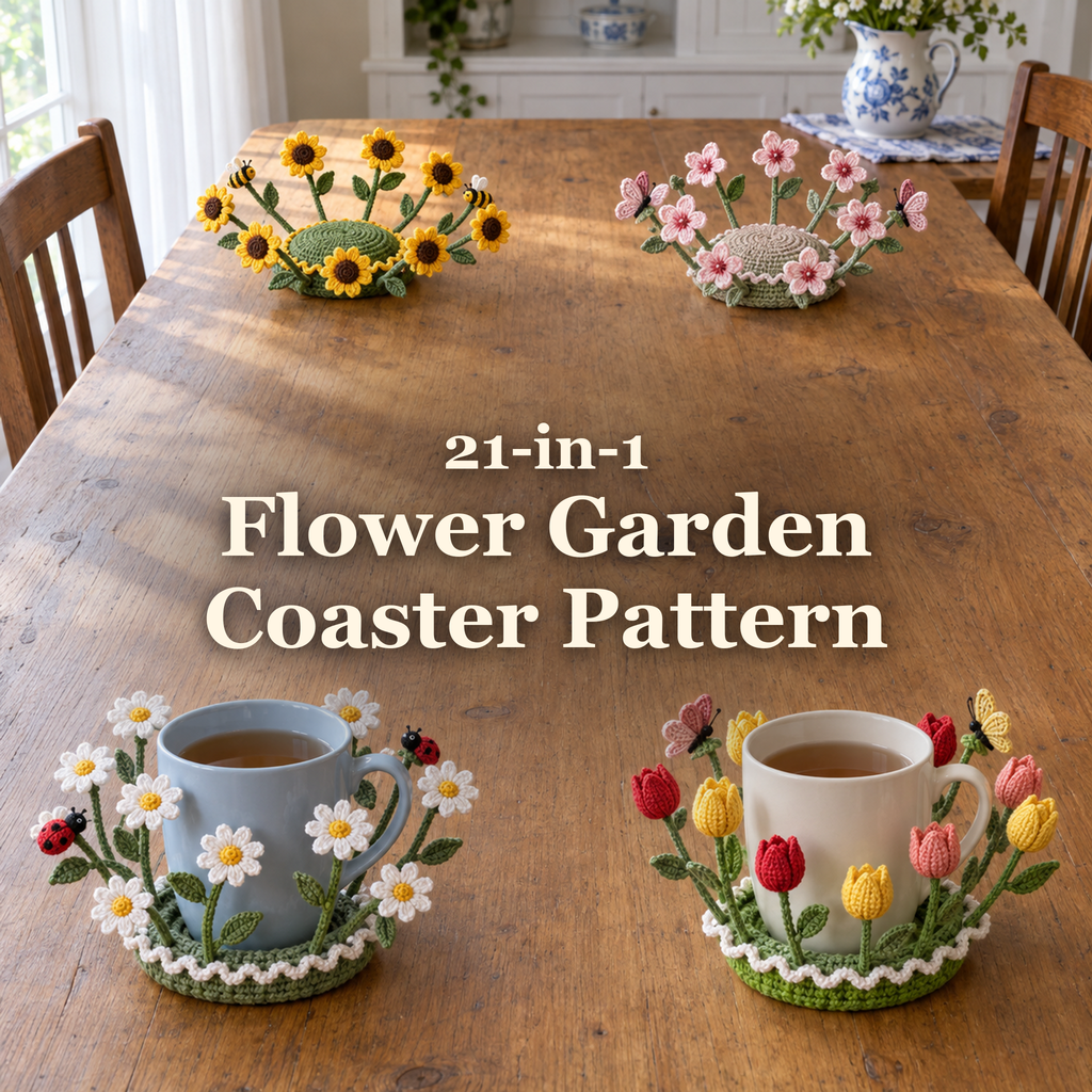 Four crochet flower-garden coasters with plain pale-blue and cream mugs of tea, arranged around a clear band of wooden table bearing the title 21-in-1 Flower Garden Coaster Pattern.