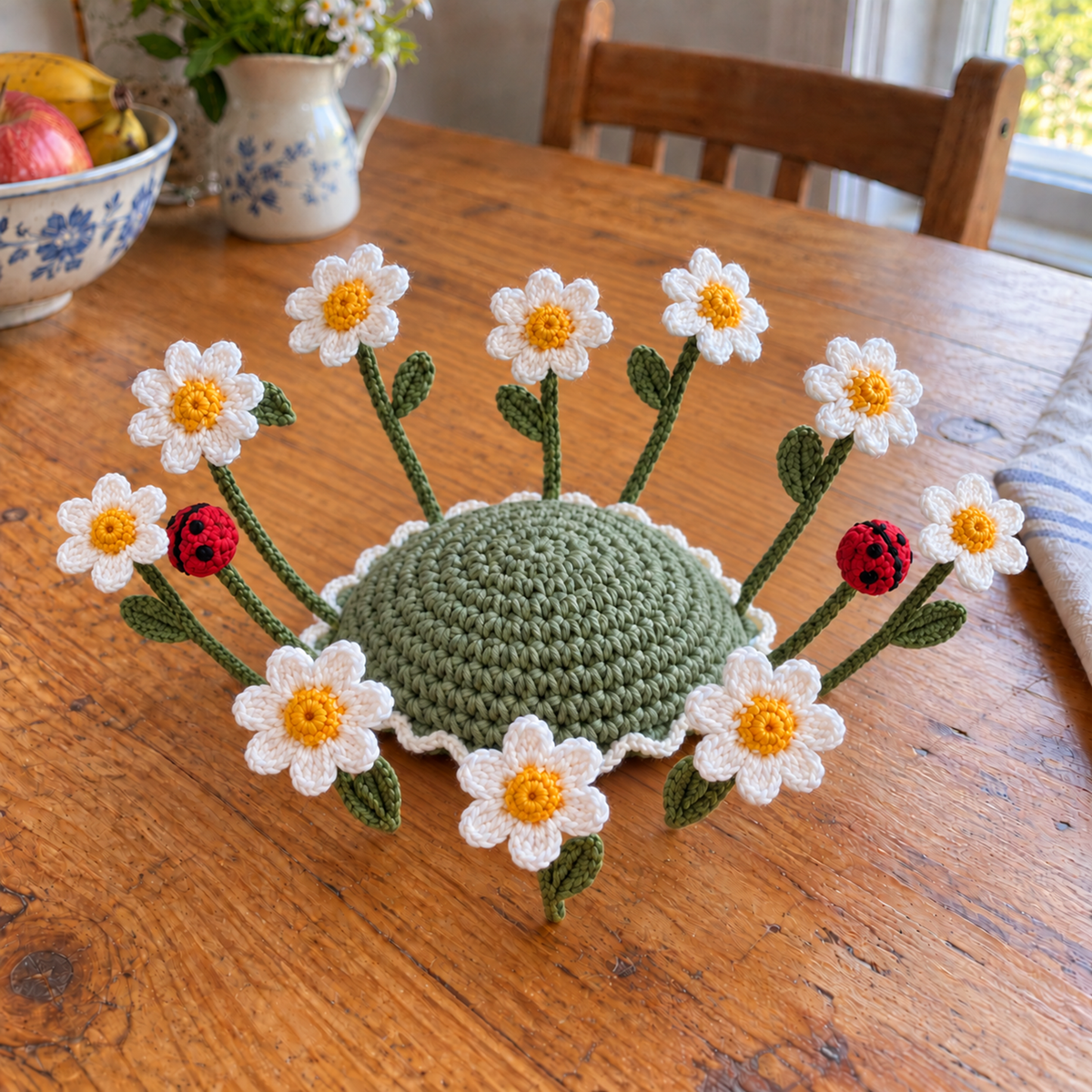 The same sage-green daisy coaster without its mug, showing a raised centre, white flowers fanning outward and two red ladybirds on a wooden kitchen table.