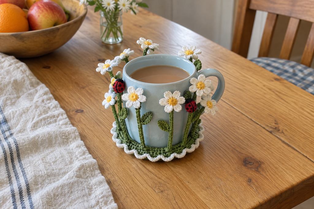 White and yellow crochet daisies and two red ladybirds surround a pale-blue mug of tea on a wooden kitchen table.