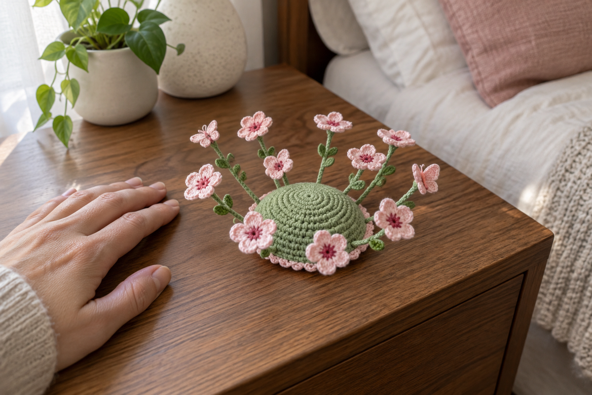 Blush-pink crochet blossoms and two butterflies fan outward from a pale-sage domed coaster beside a resting hand on a bedside table.