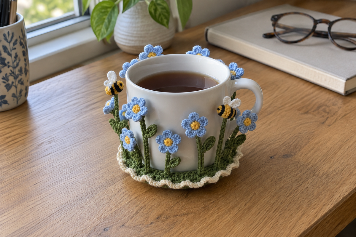 Sky-blue crochet forget-me-nots and two bees surround a white mug of tea on a wooden window ledge beside a closed book.