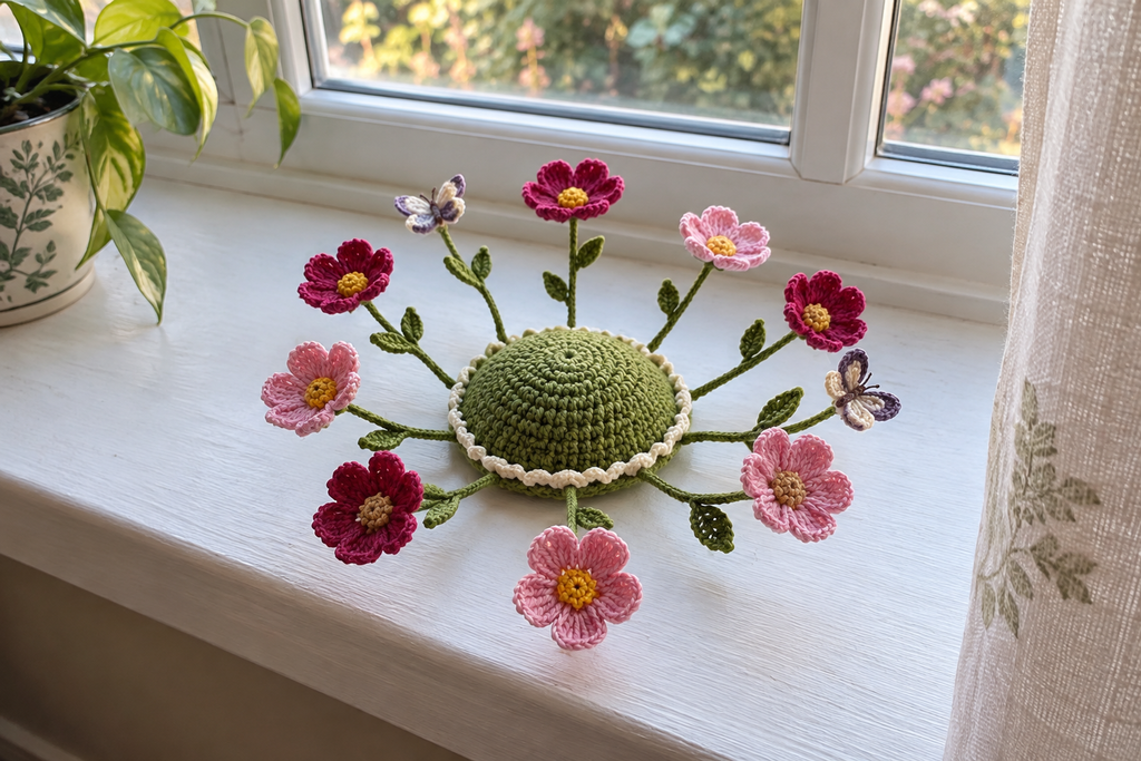 Pink and magenta crochet cosmos flowers and two butterflies fan outward from a moss-green domed coaster on a living-room window ledge.