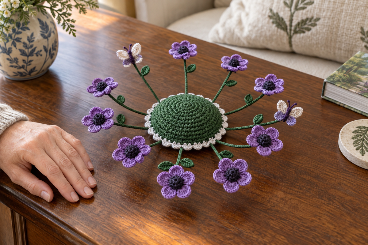 Violet crochet anemones and two butterflies surround the clear raised centre of a deep-green coaster beside a resting hand on a wooden sideboard.