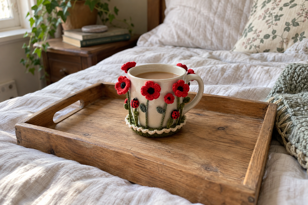 Red crochet poppies and two ladybirds surround a cream mug of tea on a wooden breakfast tray.