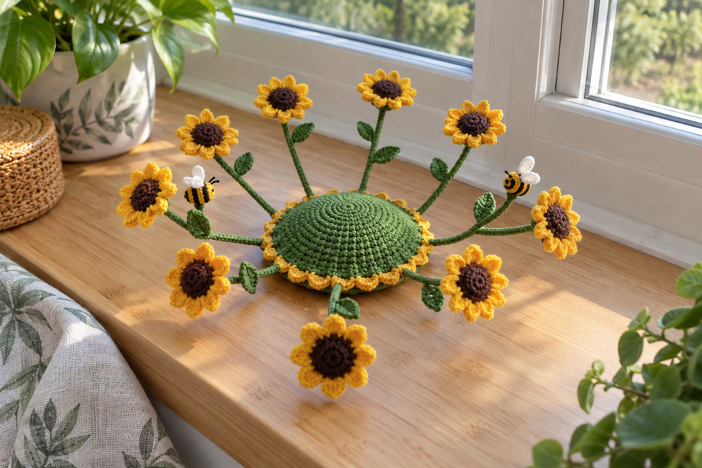 Golden crochet sunflowers with brown centres and two bees fan outward from a leaf-green domed coaster with golden edging on a bamboo window ledge.