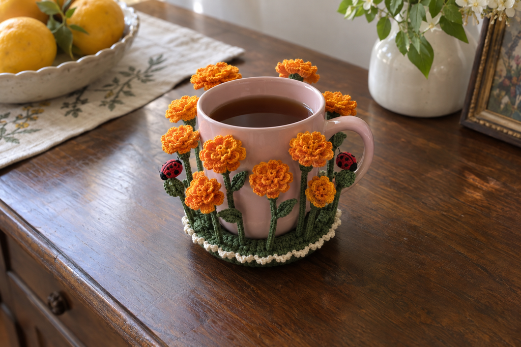 Ruffled orange crochet marigolds and two ladybirds surround a pink mug of tea on a wooden kitchen table.