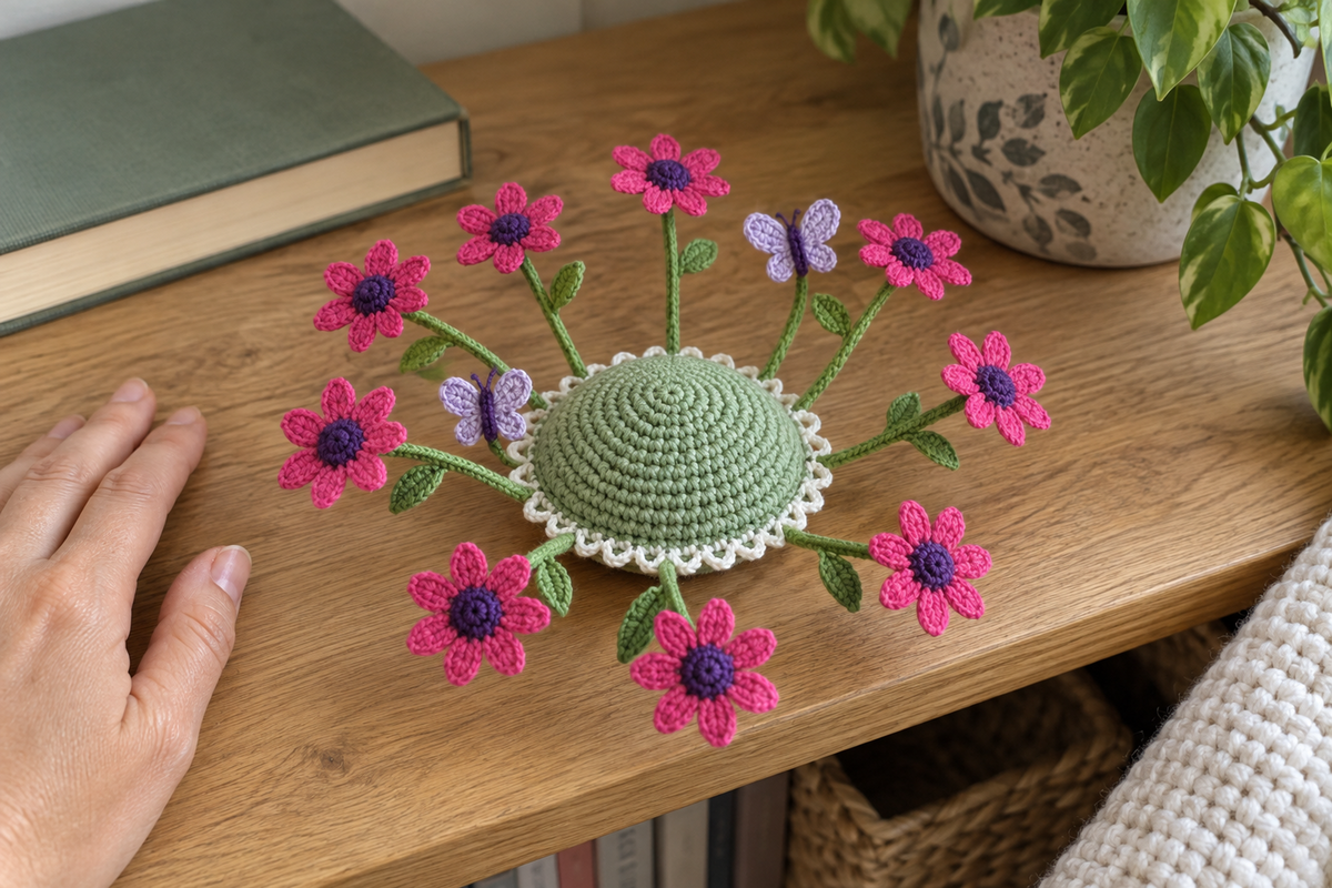 Hot-pink crochet gerberas with purple centres and two butterflies fan outward from a mint-green coaster beside a hand and closed books.