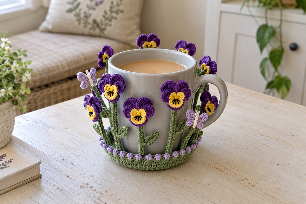 Purple crochet pansies with yellow centres and two butterflies surround a pale ceramic mug of tea on a wooden table.